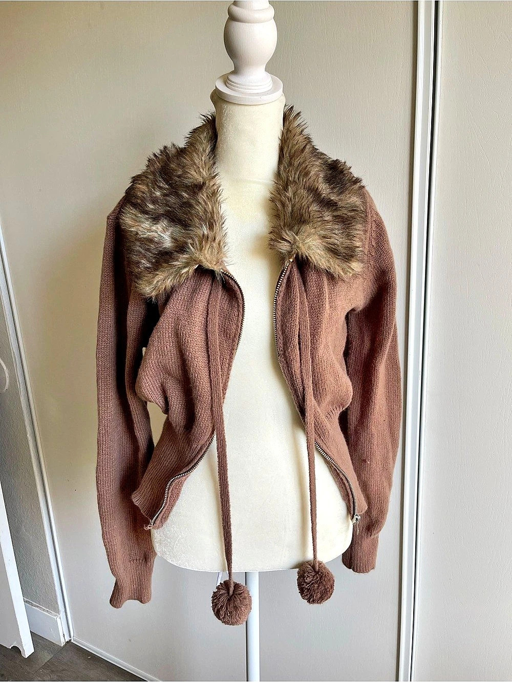 ROMWE Grunge Punk Borg Collar Pompom Detail Cardigan Brown XL